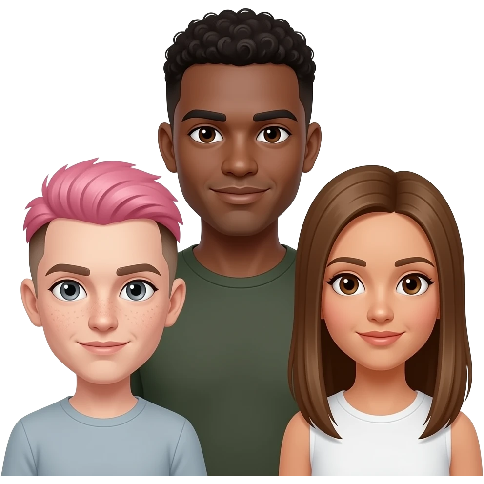 three people: short nonbinary person with short pink hair, brown eyebrows, and a brown undercut with pale skin, gray eyes and freckles, a tall olive-skinned man with dark brown eyes + very short curly hair, and a medium height woman with light tan skin, light brown straight long hair, and brown eyes emoji