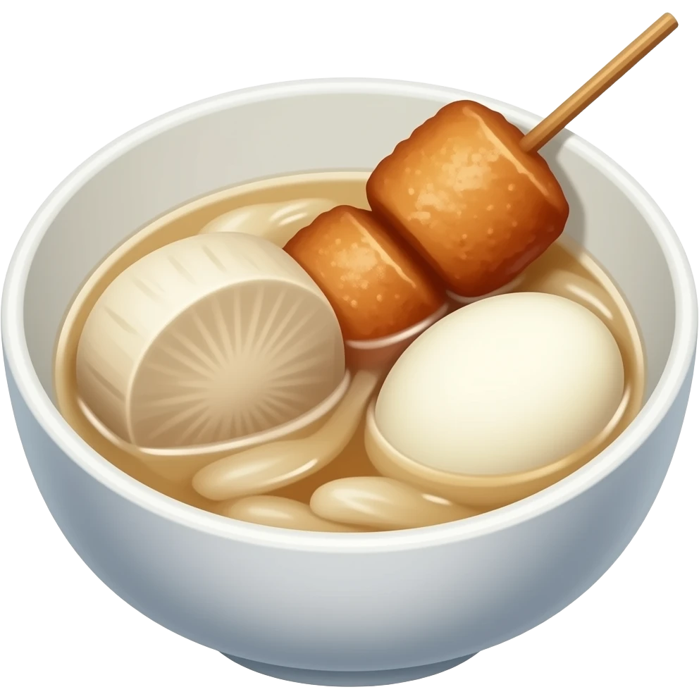 3D emoji style Japanese oden in a white bowl, 
clear light broth with a fish cake on a wooden skewer, 
a daikon radish slice, and a boiled egg, 
Apple emoji aesthetic, soft highlights, 
transparent background, bold simple shapes emoji
