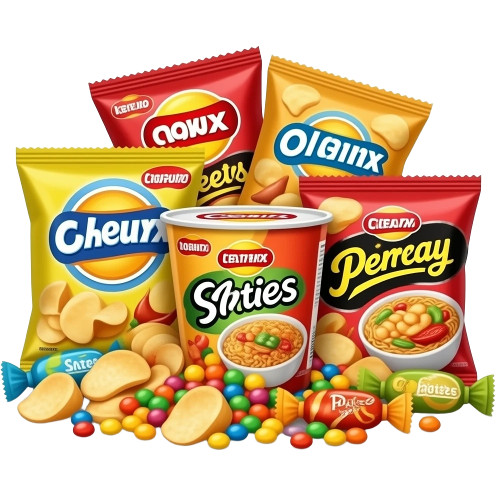 有好看包装的零食堆 有糖果 有薯片 有泡面 有辣条 emoji