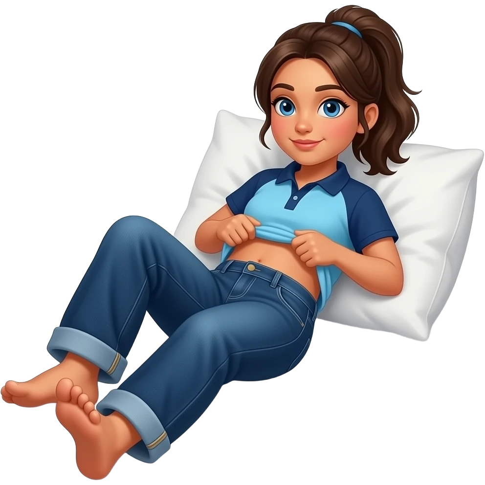 Hispanic girl with brown ponytail and blue eyes light blue and dark blue polo and dark blue baggy jeans and belly button laying down on her pillow on her bed showing her feet lifting her shirt all the way up stomach growing emoji