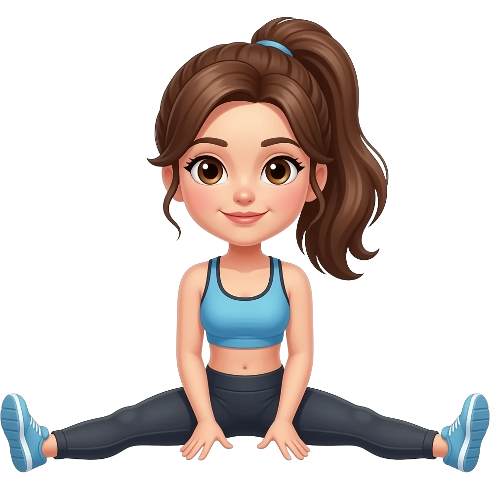 Girl with brown hair in a ponytail and brown eyes wearing workout clothes doing the front split emoji