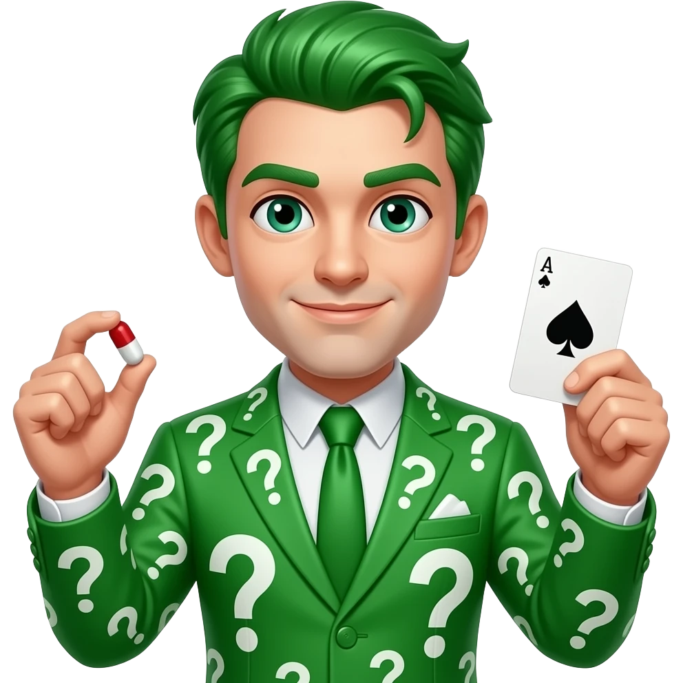 make suit green with question marks all over suit with green hair  and holding pill in one hand and playing card emoji
