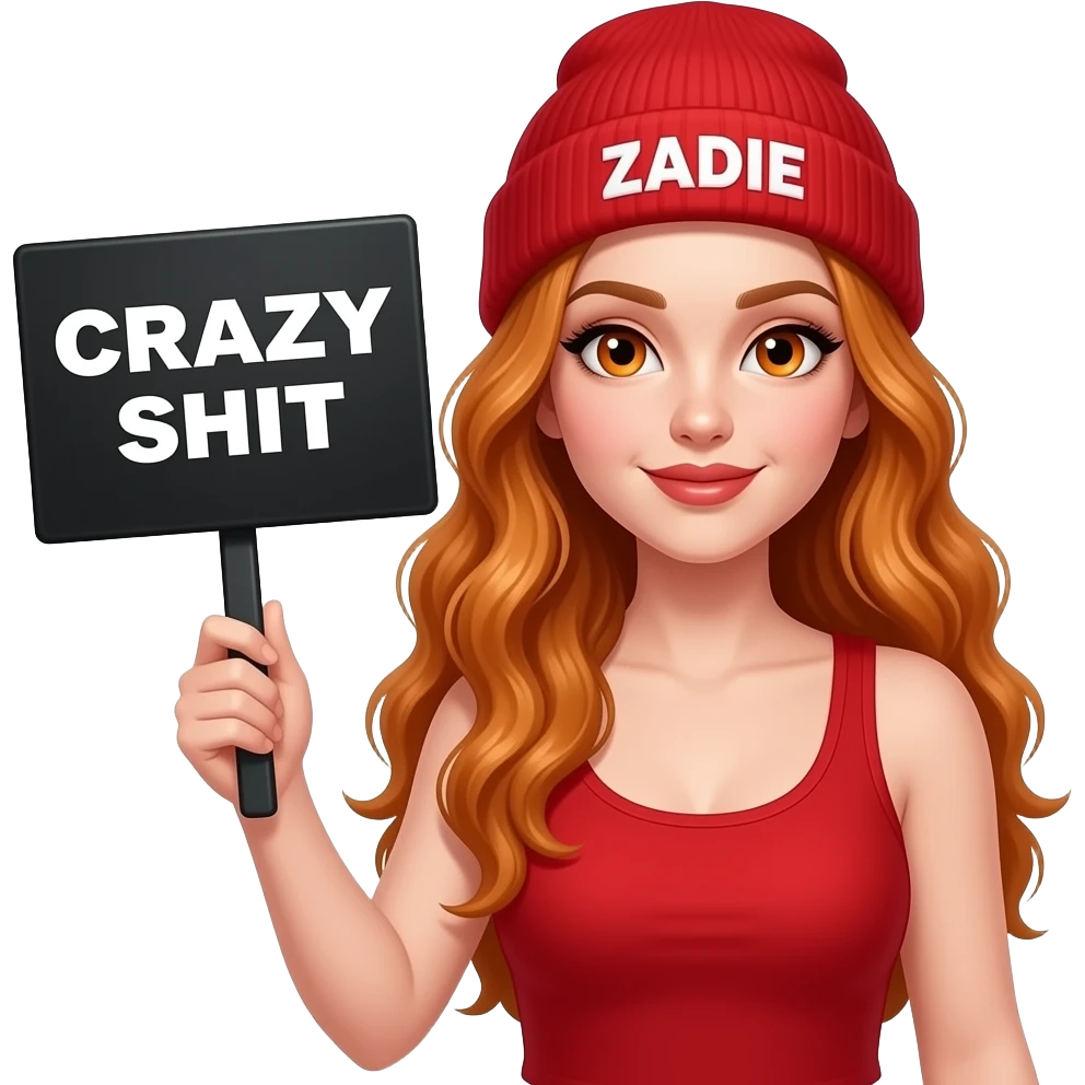 sexy girl with overlong wavy ginger hair and ginger eyes wearing a red tanktop and a red beanie with ZADIE written on it, is holding a black sign with CRAZY SHIT written on it emoji