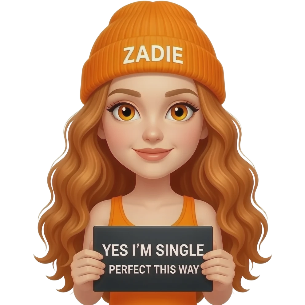 sexy girl with overlong wavy ginger hair and ginger eyes wearing a orange tanktop and a orange beanie with ZADIE written on it, is holding a black sign with YES I'M SINGLE and PERFECT this way written on it emoji