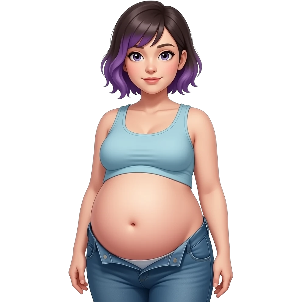 A girl with a semi pixie emo hairstyle,wears a crop top and a unbuttoned pants,stocky robust build,she always looks constantly well fed & pregnant like,her tummy is big & round,heavy in the belly,she is stuffed silly,her bellybutton is deep hollow innie like a tiny void. emoji