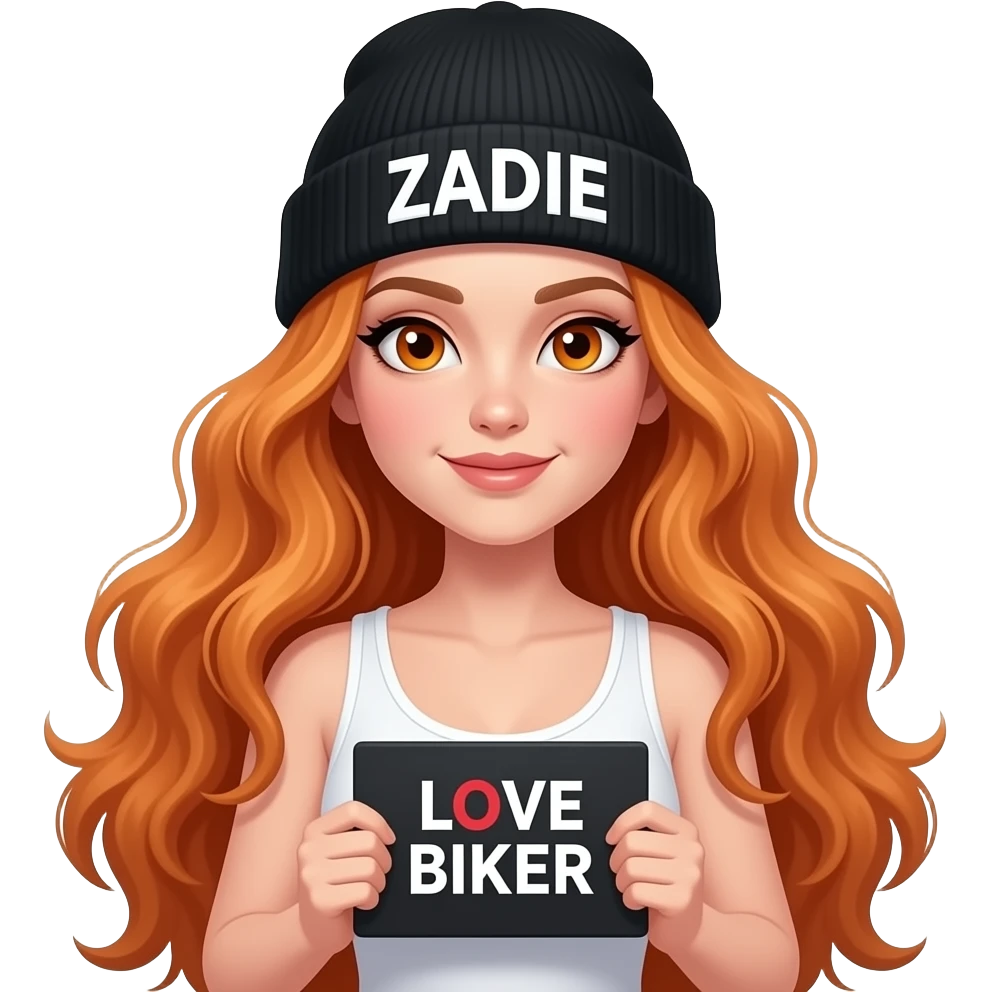 sexy girl with overlong wavy ginger hair and ginger eyes wearing a white tanktop and a black beanie with ZADIE written on it, is holding a black sign with LOVE BIKER written on it emoji