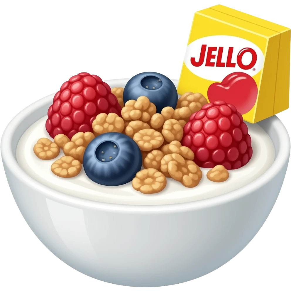 Yogurt bowl with berries and granola and a tiny little yellow Jell-O pudding box at the top right emoji