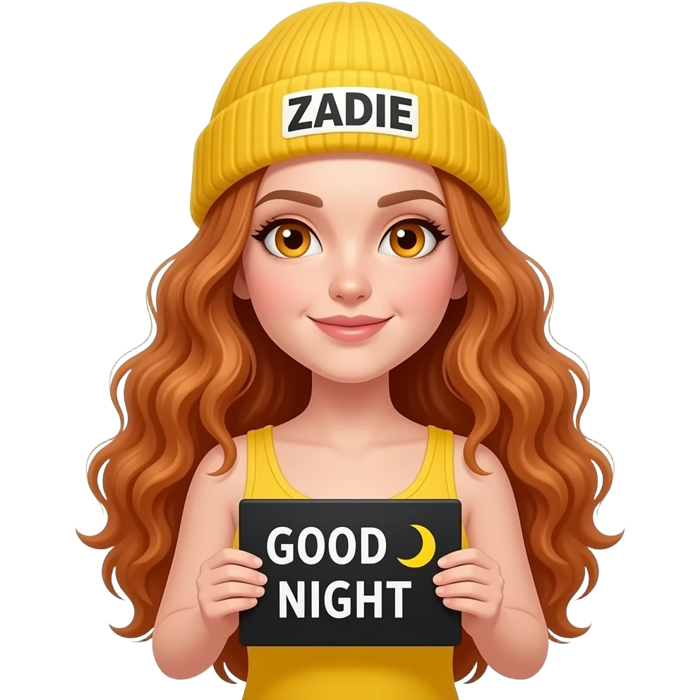 sexy girl with overlong wavy ginger hair and ginger eyes wearing a yellow tanktop and a yellow beanie with ZADIE written on it, is holding a black sign with just GOOD NIGHT 🌚  on it emoji