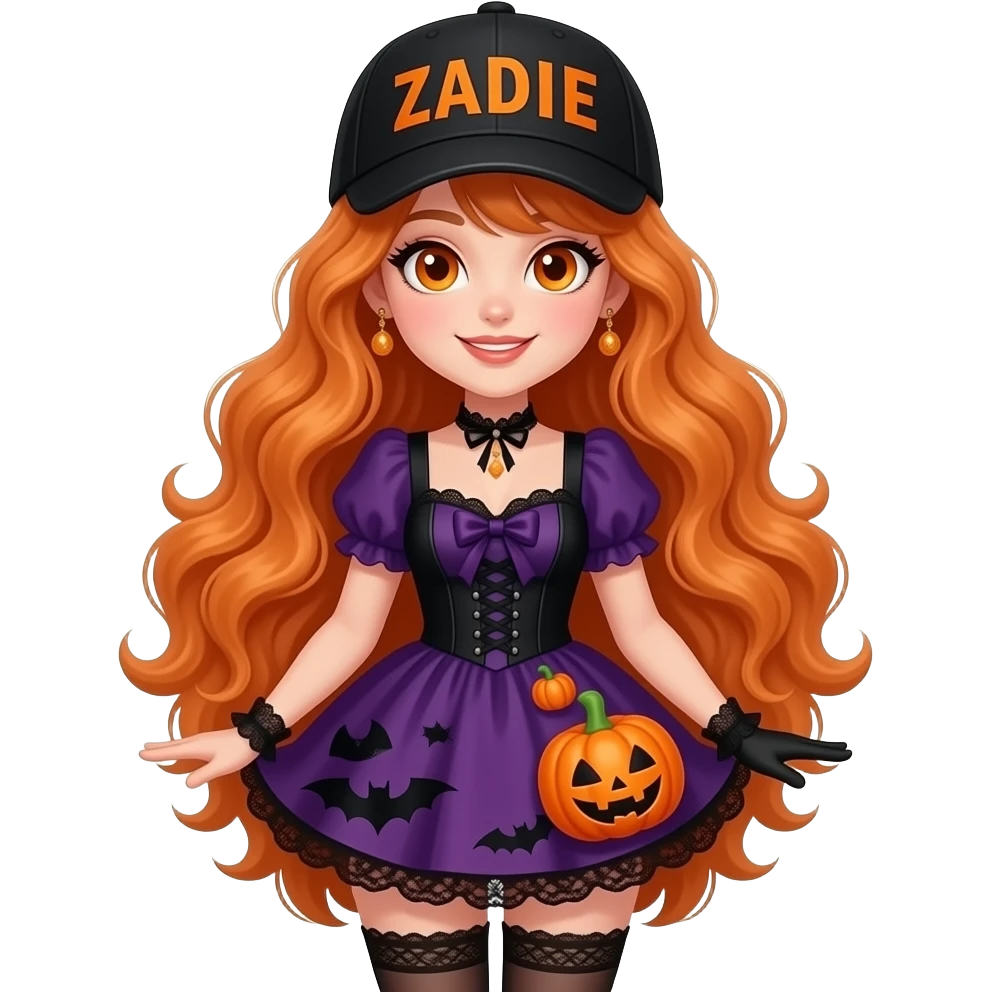 sexy girl with long wavy ginger hair and ginger eyes is wearing a halloween dress and a cap with ZADIE written on it, the full body is to seen emoji