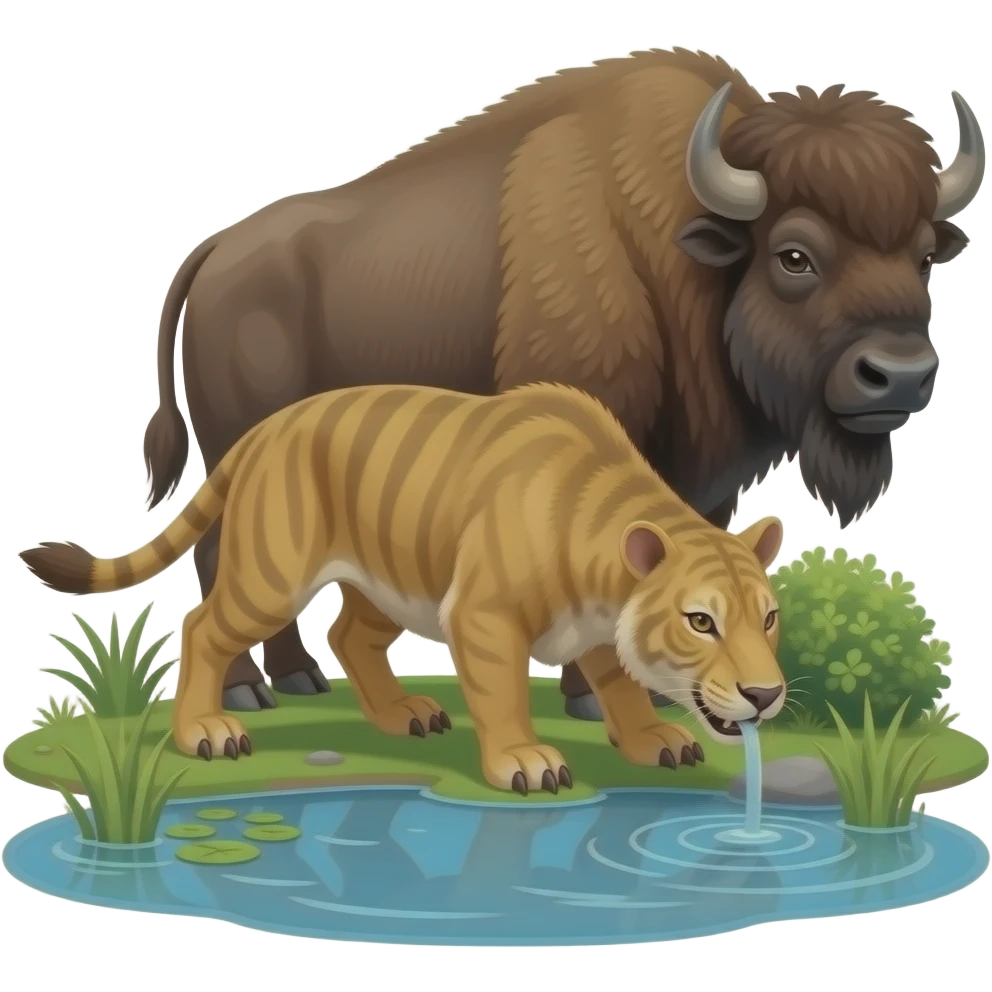 Smilodon in the pond in a bush the bisons waiting emoji