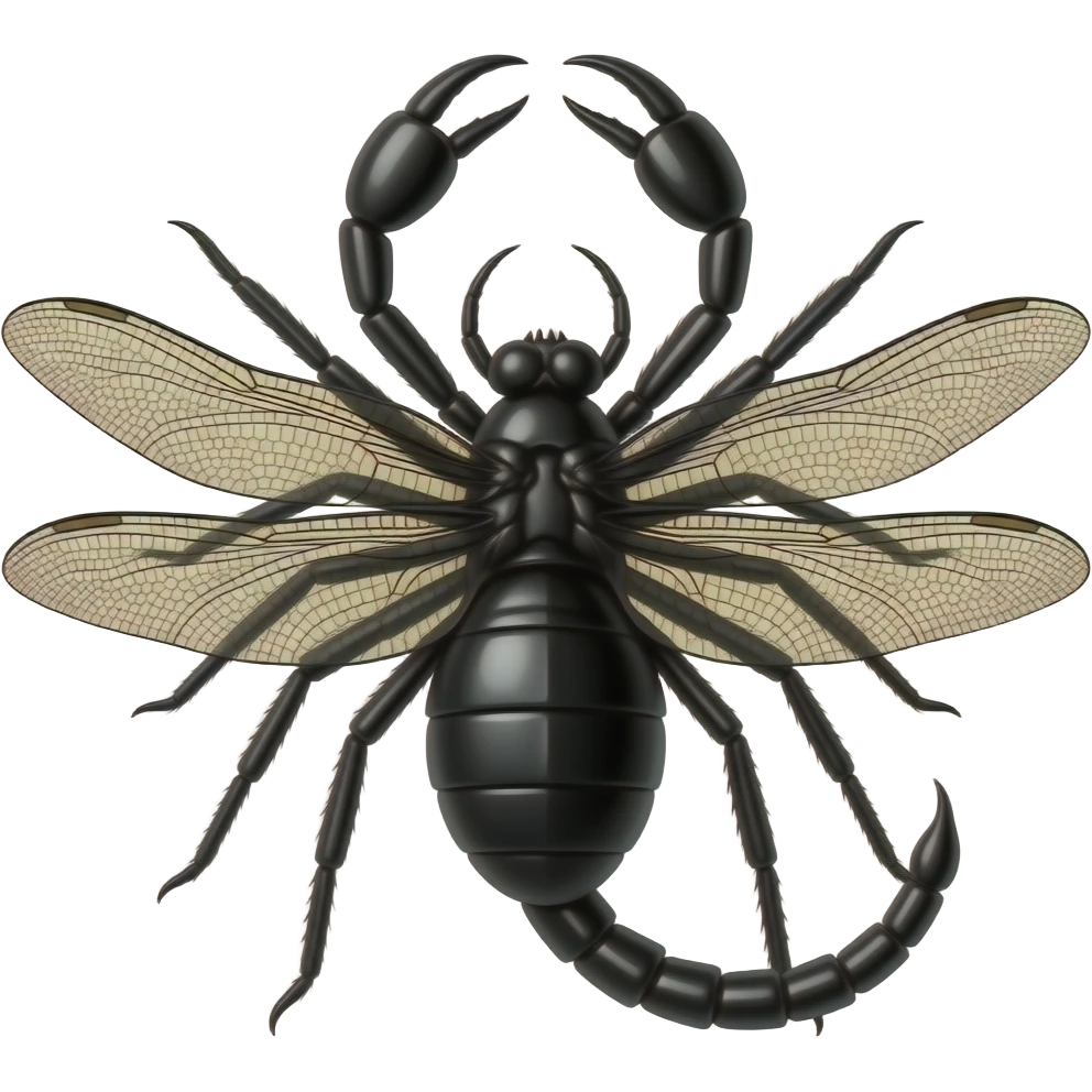 A black widow spider, with dragonfly wings and a scorpion tail and stinger emoji