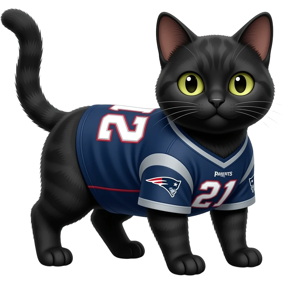 black cat standing on all fours wearing a #21 new england patriots jersey number 21 emoji