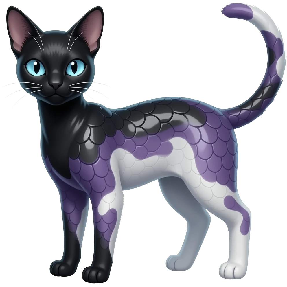 Realistic slim smooth oily shiny glossy elegant Abyssinian bioluminescent dull, scaly furry oil-blackish oily greyish, purplish, whitish abyss-fantasy-Zorua-Sprigatito-Absol-feline-Fakémon-fusion, with thin neon-glowing bulb-whiskers, koi-piebald-marked full body emoji