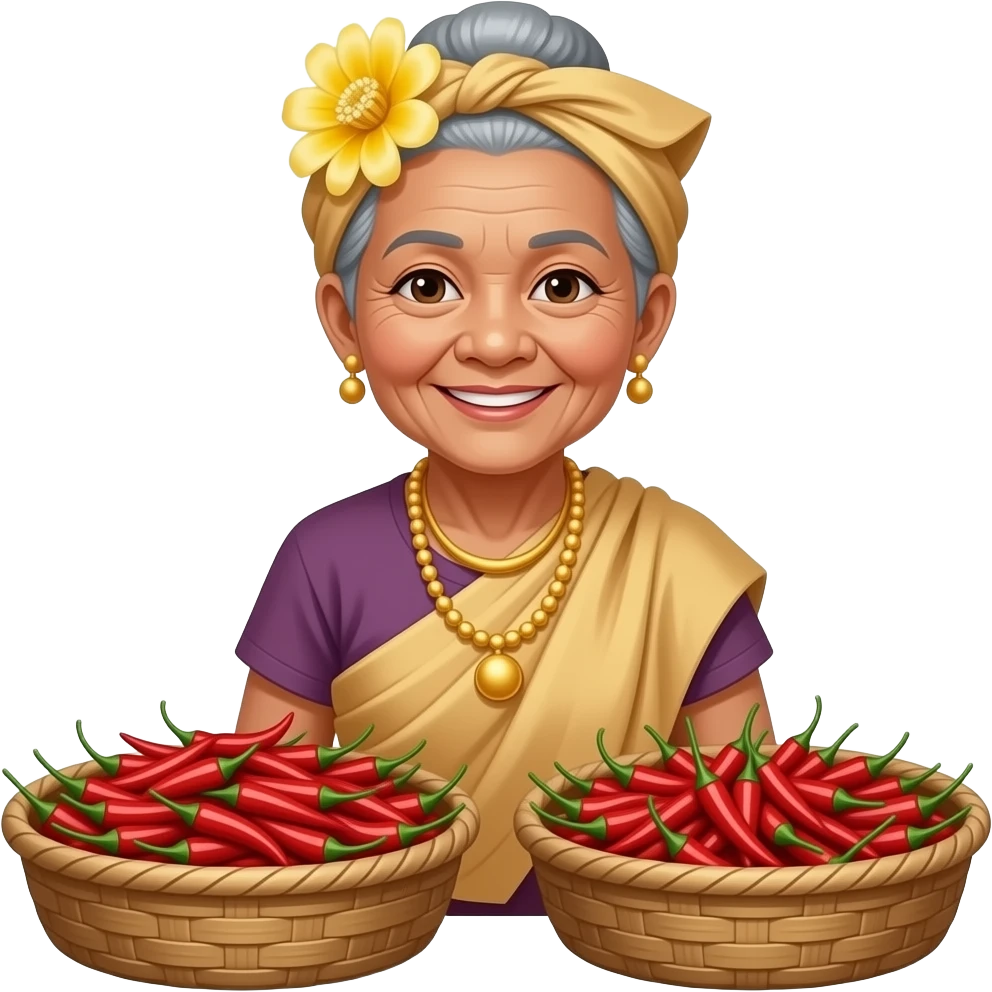 A Thai old woman is selling Thai chili peppers at the market emoji