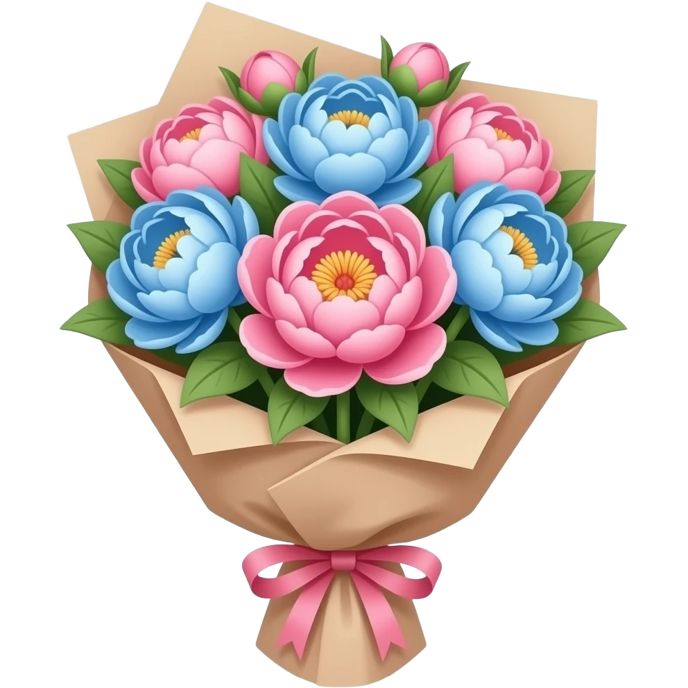 fin og søt buket med rosa og blå peoner i papir emoji