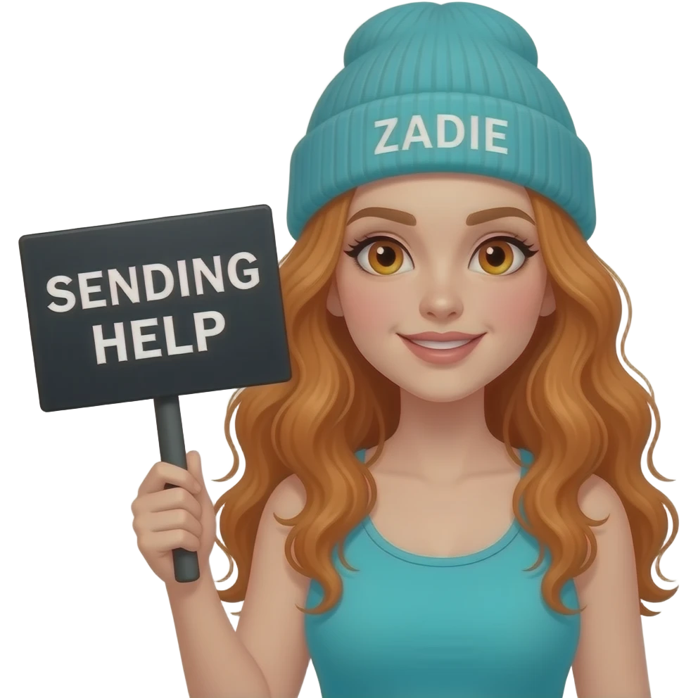 sexy girl with overlong wavy ginger hair and ginger eyes wearing a turquoise tanktop and a turquoise beanie with ZADIE written on it, is holding a black sign with SENDING HELP written on it emoji