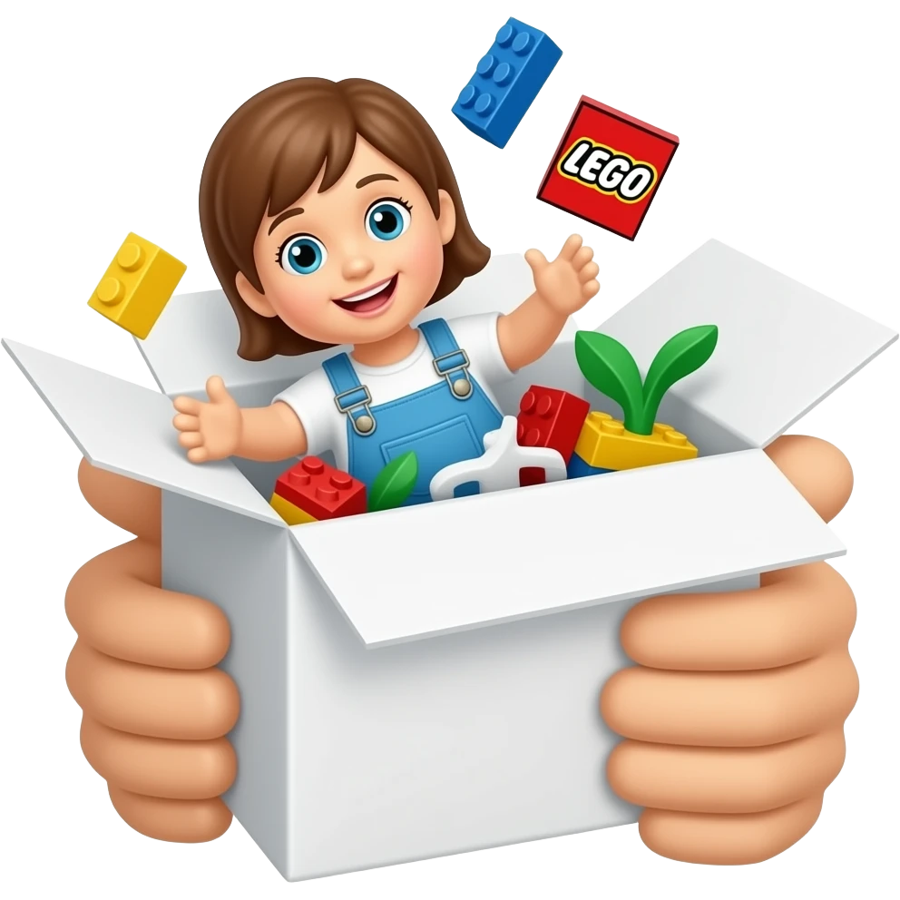 hands putting in toys in white box, tidy up after play. in the basket there is a doll, lego and some other toys emoji