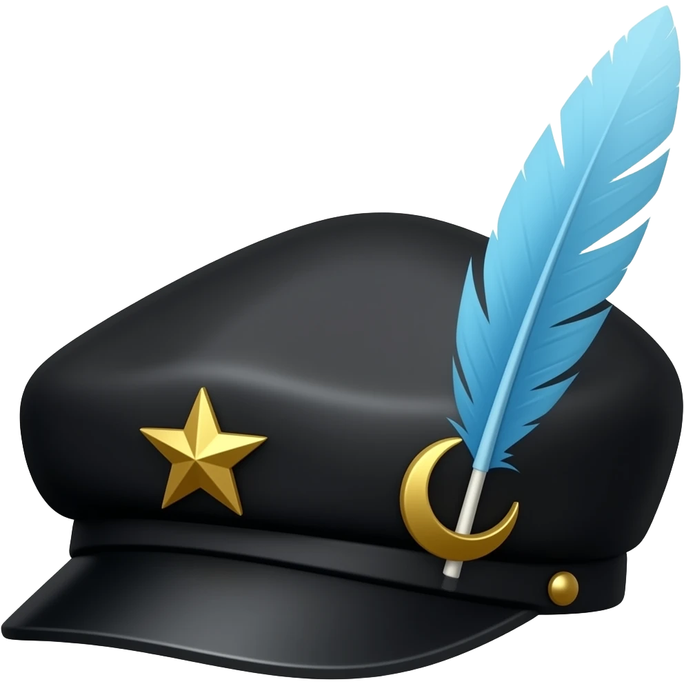 Black Breton hat with gold stars and crescent pins on the side, and a sky blue feather on the side pointing backwards emoji