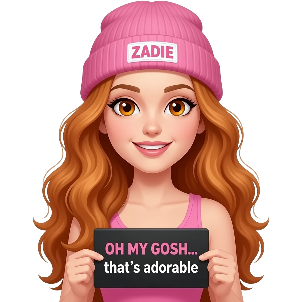 sexy girl with overlong wavy ginger hair and ginger eyes wearing a pink tanktop and a pink beanie with ZADIE written on it, is holding a black sign with OH MY GOSH... that's adorable written on it emoji