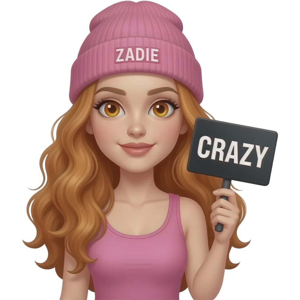 sexy girl with overlong wavy ginger hair and ginger eyes wearing a pink tanktop and a pink beanie with ZADIE written on it, is holding a black sign with CRAZY written on it emoji