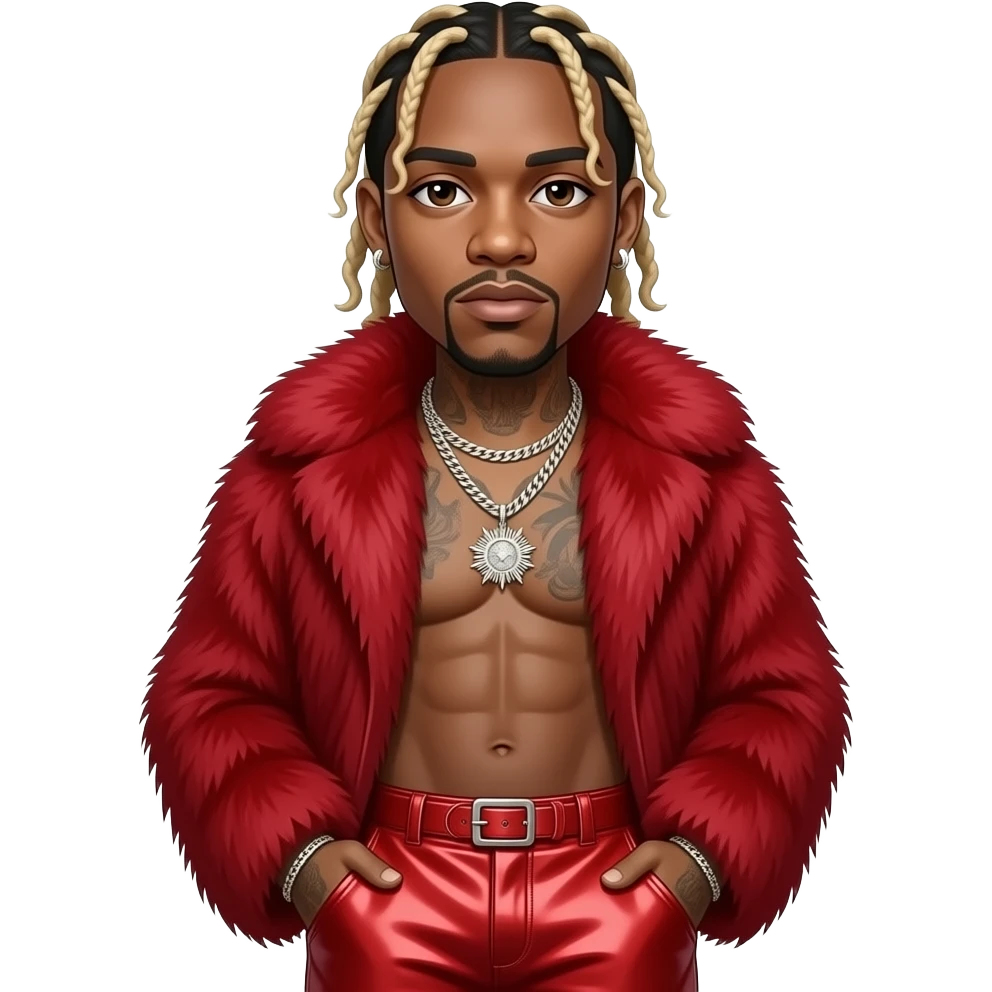 Lil Wayne with dark brown eyes, long blonde hair, red fur shawl, red metallic baggy pants, shirtless with necklace and earrings emoji
