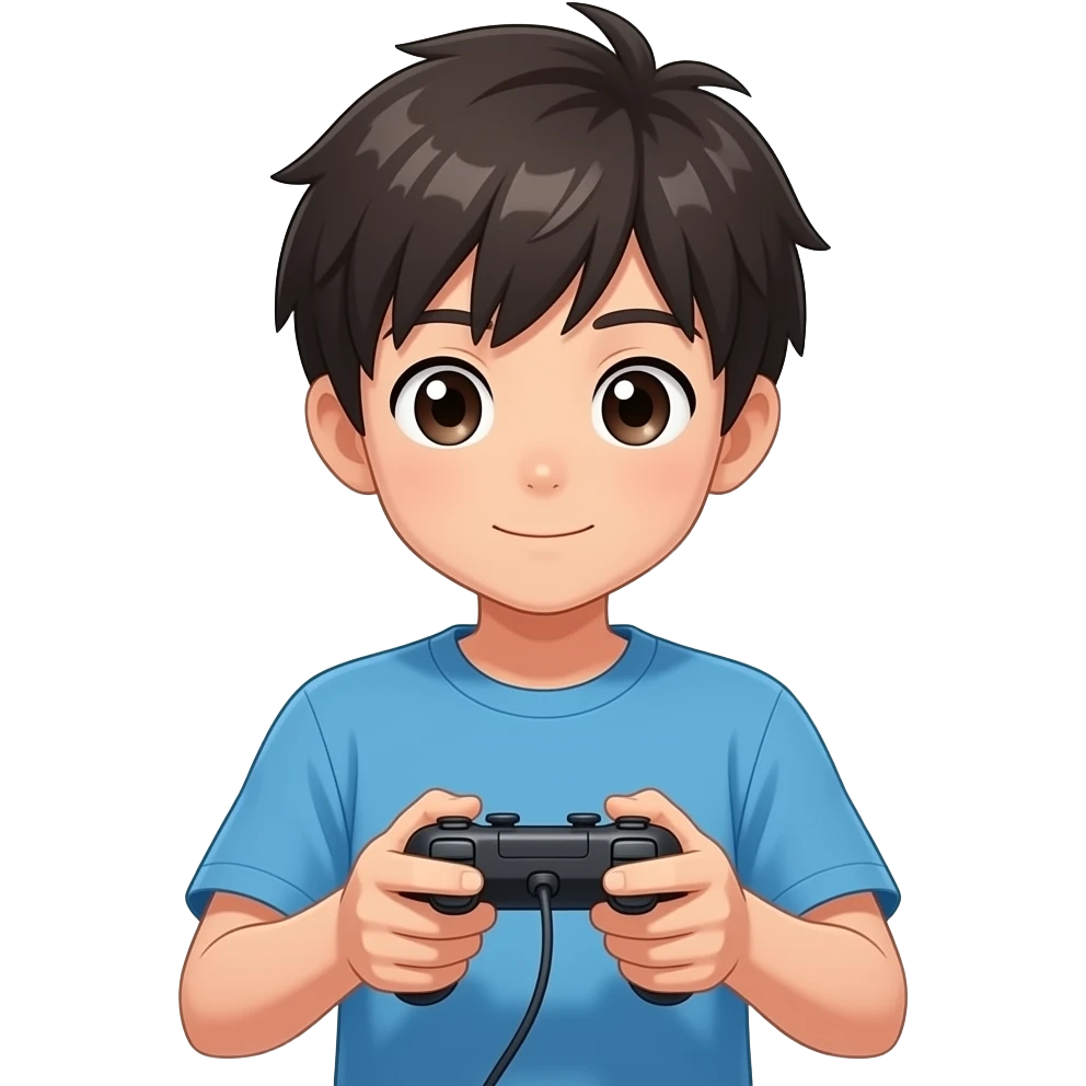 Personnage de manga de 10 ans jouant aux jeux vidéo avec une manette dans les mains en etant concentré emoji