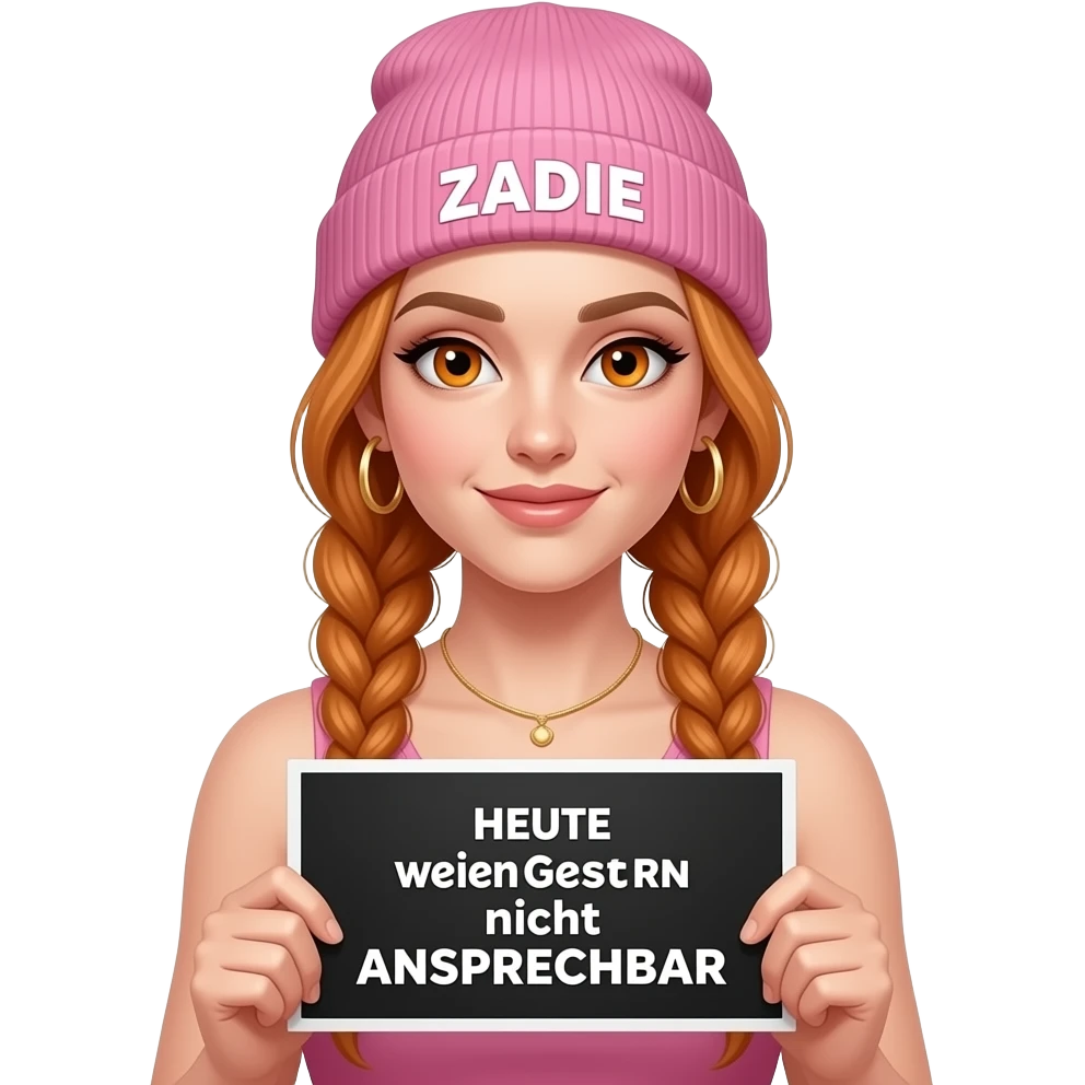 sexy girl with overlong ginger braids and ginger eyes wearing a pink tanktop and a pink beanie with ZADIE written on it, is holding a black sign with HEUTE wegen GESTERN nicht ANSPRECHBAR written on it emoji