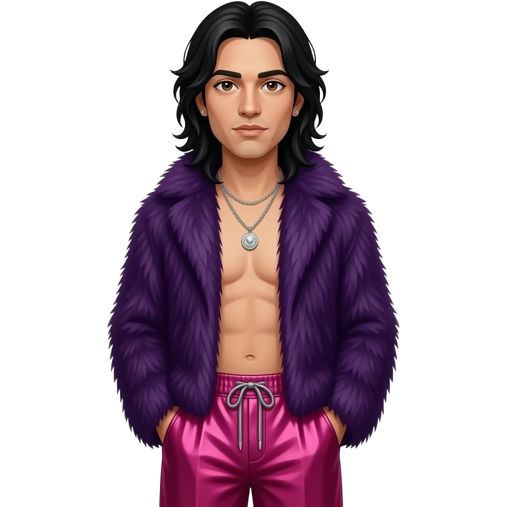 Chino Moreno with brown eyes, black hair, deep purple fur shawl, magenta metallic baggy loose pants, shirtless with necklace emoji