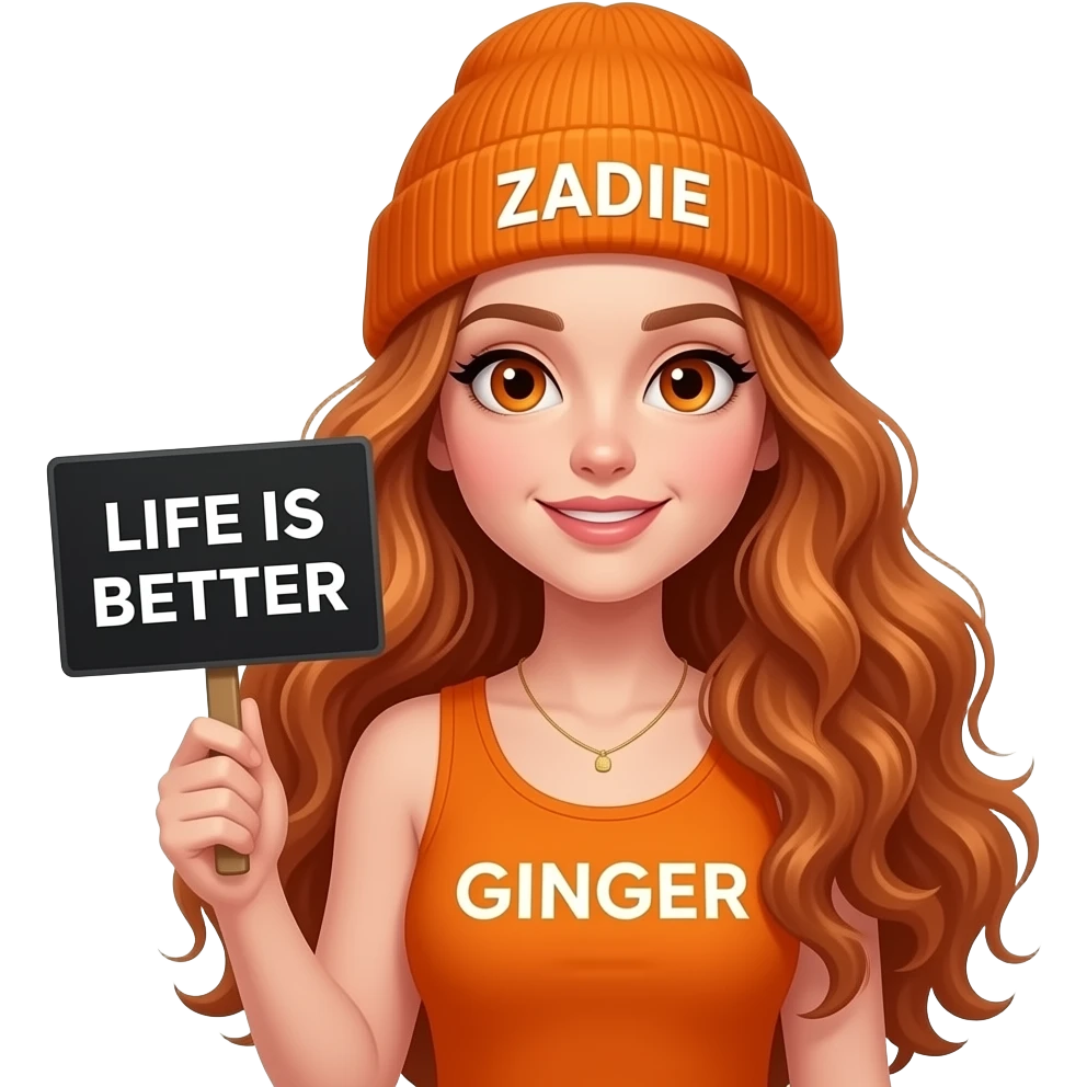 sexy girl with overlong wavy ginger hair and ginger eyes wearing a orange tanktop and a orange beanie with ZADIE written on it, is holding a black sign with LIFE IS BETTER with a GINGER written on it emoji