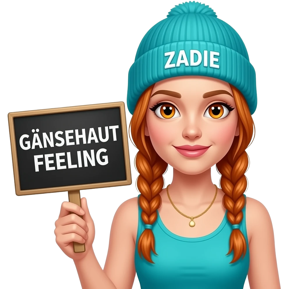 sexy girl with overlong ginger braids and ginger eyes wearing a turquoise tanktop and a turquoise beanie with ZADIE written on it, is holding a black sign with GÄNSEHAUT FEELING written on it emoji