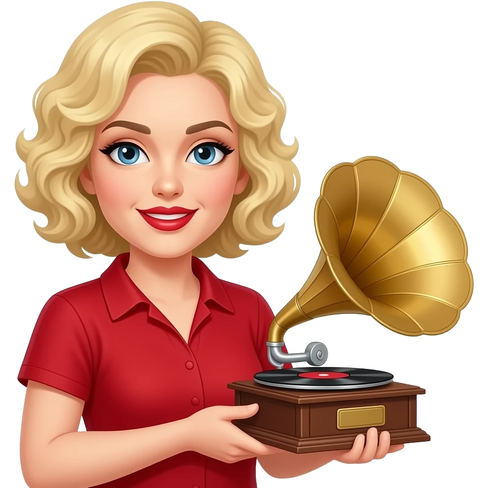 above neck Short blonde curly hair holding a victrola with red nails, in a red short sleeve shirt, red lipstick, black eyebrows emoji