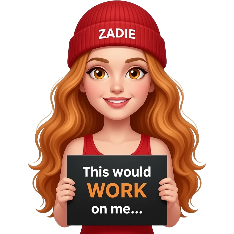 sexy girl with overlong wavy ginger hair and ginger eyes wearing a red tanktop and a red beanie with ZADIE written on it, is holding a black sign with This would WORK on me... written on it emoji