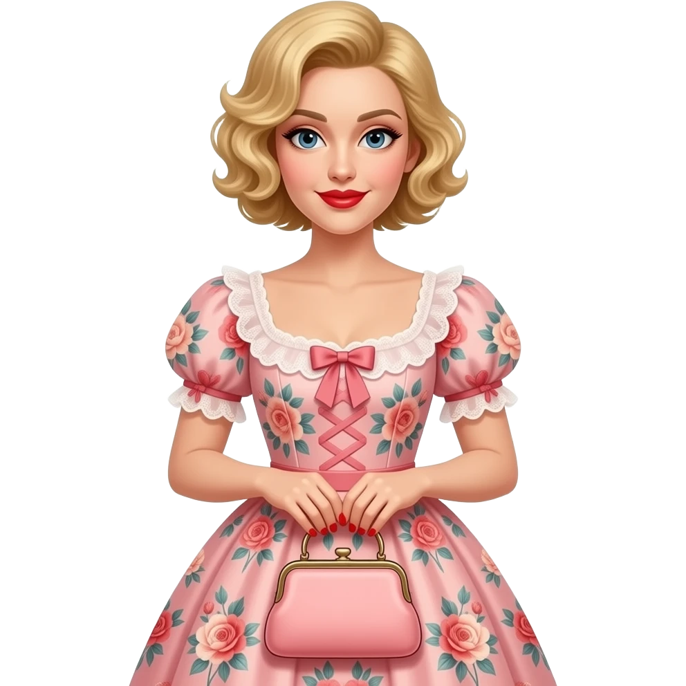 extremely Short blonde curly hair side swept red lipstick in a peach floral Victorian dress, red nails. holding a Victorian peach purse emoji
