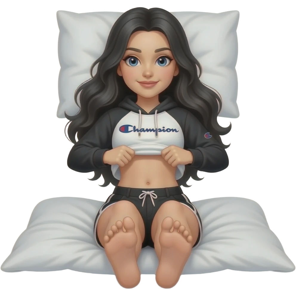 White girl with long black hair, black and white cropped champion hoodie with black arm sleeves, black high shorts, and a bit of a chubby body lifting her shirt to show her belly laying down on on the pillow to bed and showing feet emoji