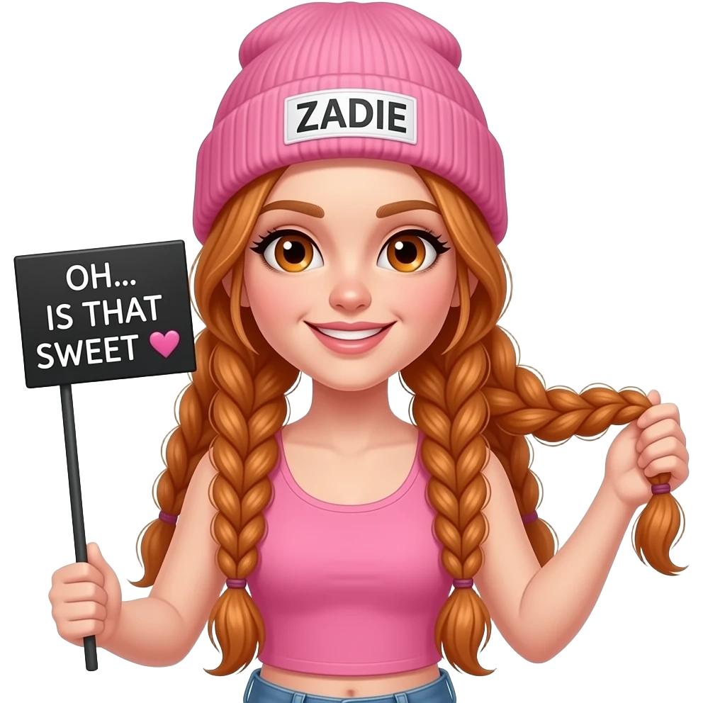 sexy girl with overlong ginger braids and ginger eyes wearing a pink tanktop and a pink beanie with ZADIE written on it, is holding a black sign with ACH... IST DAS SÜSS 🧡 written on it emoji