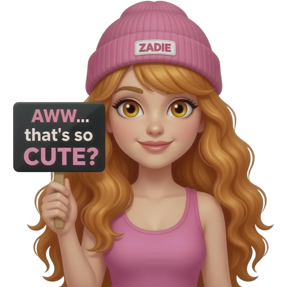 sexy girl with overlong wavy ginger hair and ginger eyes wearing a pink tanktop and a pink beanie with ZADIE written on it, is holding a black sign with AWW... that's so CUTE written on it emoji
