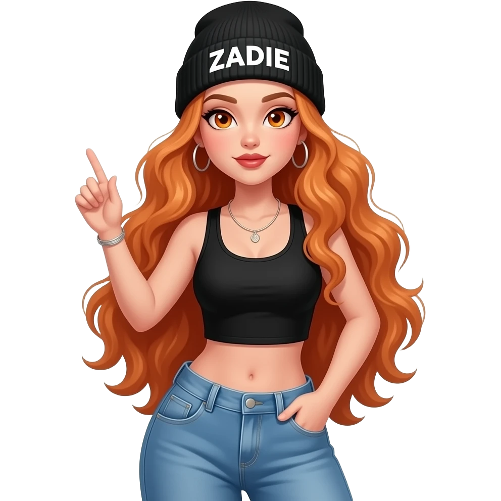 sexy girl with overlong wavy ginger hair and ginger eyes wearing a black tanktop and a black beanie with ZADIE written on it, is dancing in hip hop clothes emoji