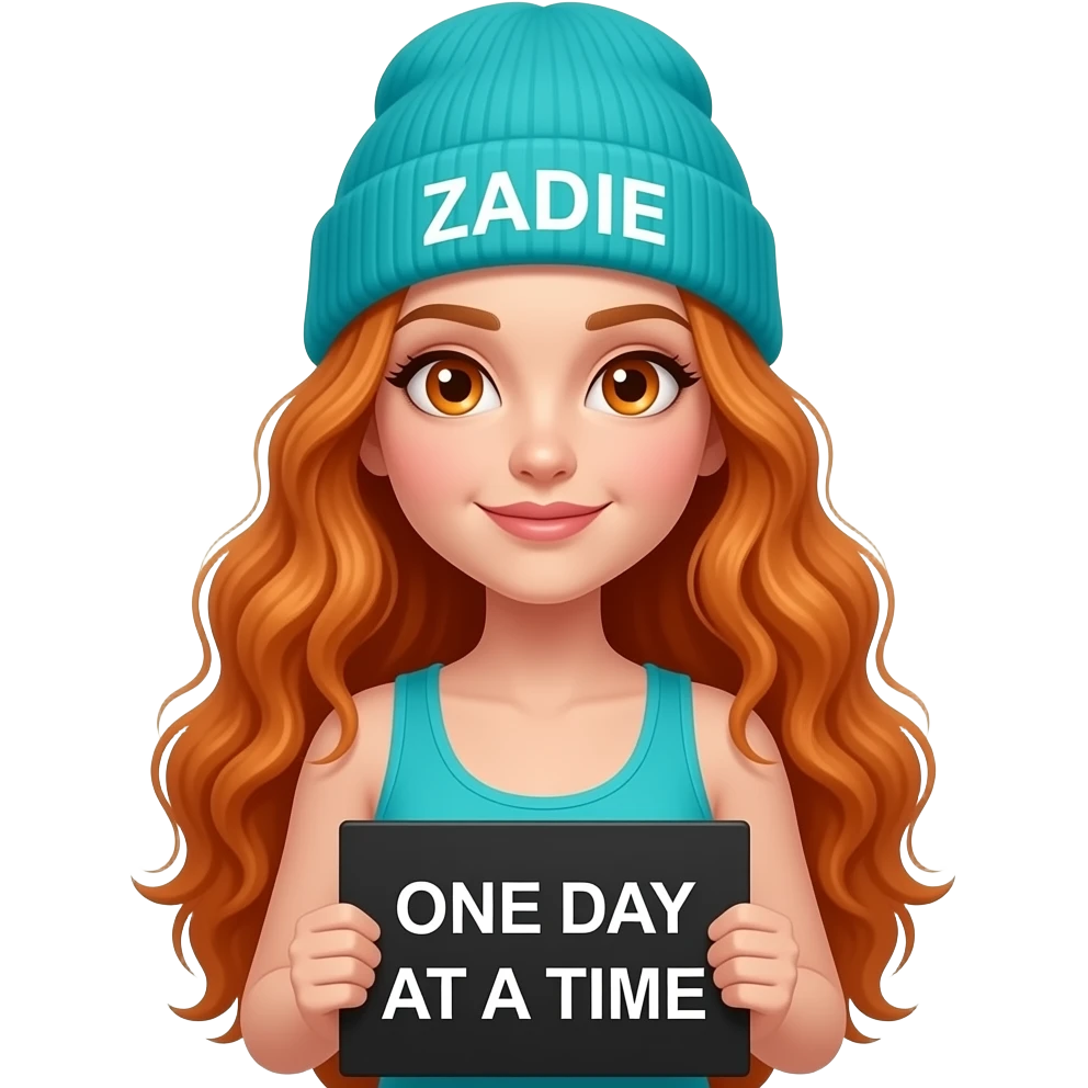 sexy girl with overlong wavy ginger hair and ginger eyes wearing a turquoise tanktop and a turquoise beanie with ZADIE written on it, is holding a black sign with ONE DAY AT A TIME written on it emoji
