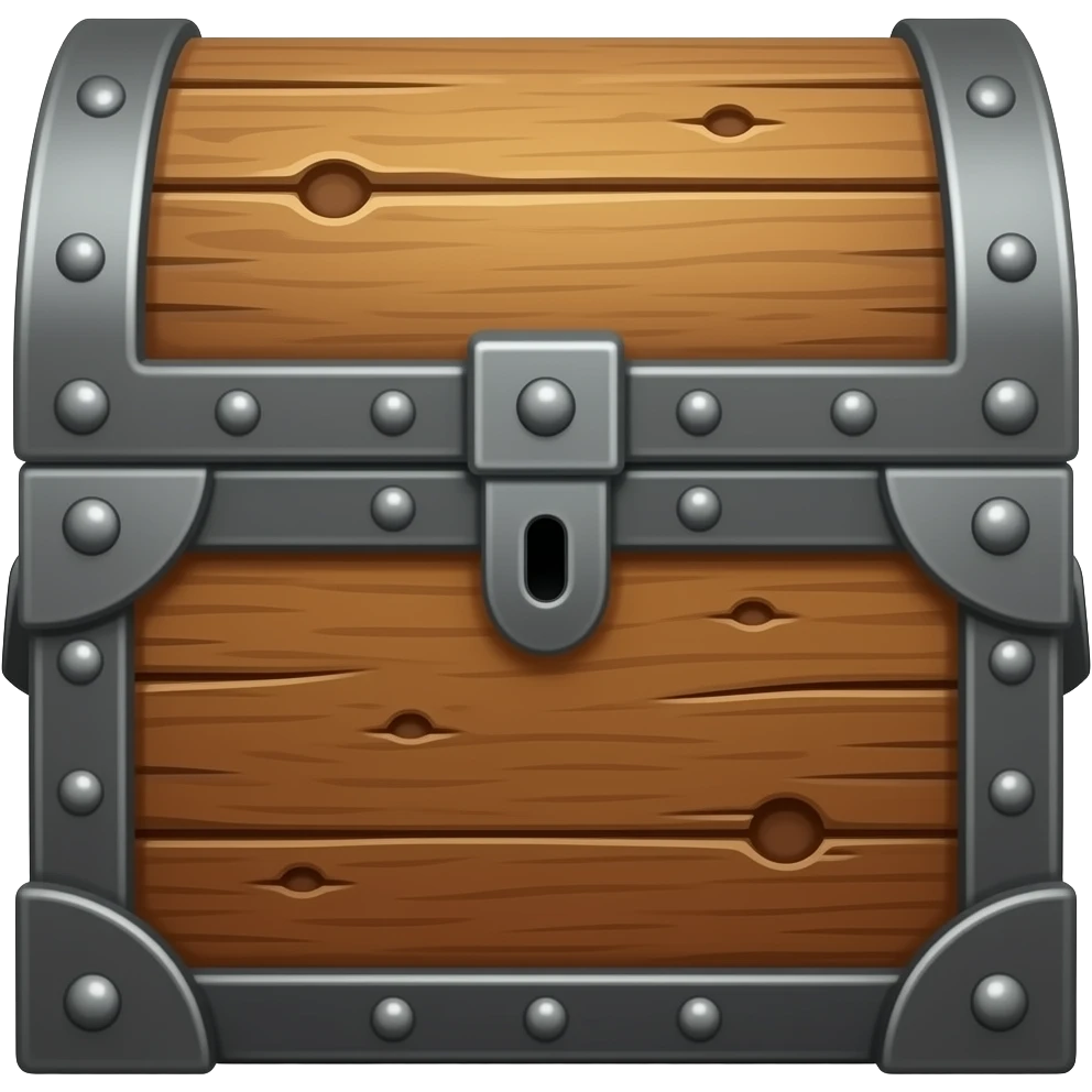 hyper-realistic, Plain looking battered wooden chest with iron fittings, closed, facing forward emoji