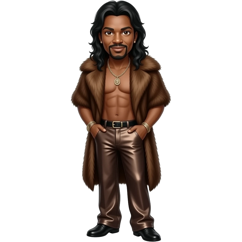 Barry White with brown eyes, long black hair, deep brown fur shawl, deep brown metallic baggy pants, shirtless with necklace emoji