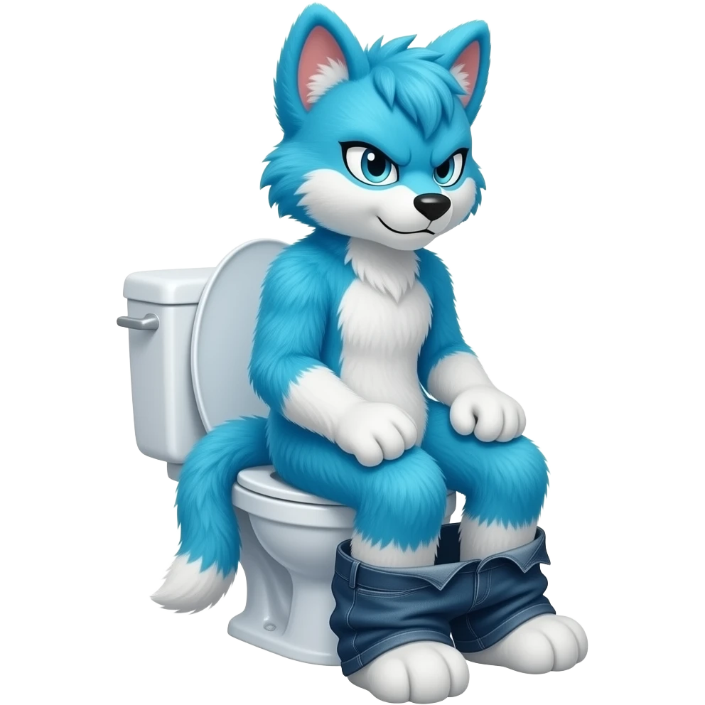 blue furry fursuit sitting on toilet, side view, pants down, looking forward with angry face emoji