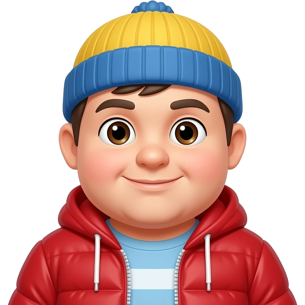 a fat kid who wears a red jacket and has a hat that is blue and yellow emoji
