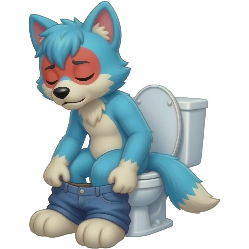 blue fursuit sitting on toilet, side view , pants down, pushing, eyes closed, straining face,  uncomfortable, red face emoji