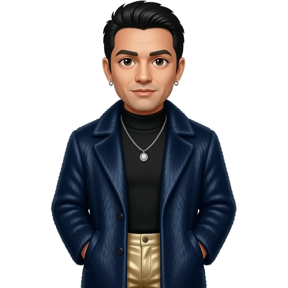 Chino Moreno with dark brown eyes, black hair, black turtleneck shirt, dark blue fur coat, beige metallic baggy pants, necklace and earrings emoji
