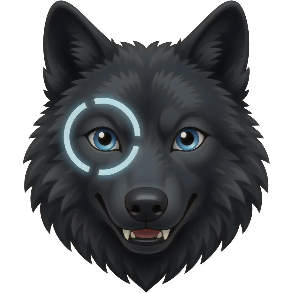 black wolf with blue eyes and greyish white markings over the left eye around the eye emoji