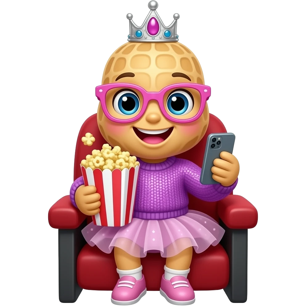 A peanut with a smiling chibi face and pink lips, wearing pink glasses,a princess tiara, a tutu, and a glitter purple sweater- sitting in the opera box of a theatre holding popcorn and a cell phone emoji