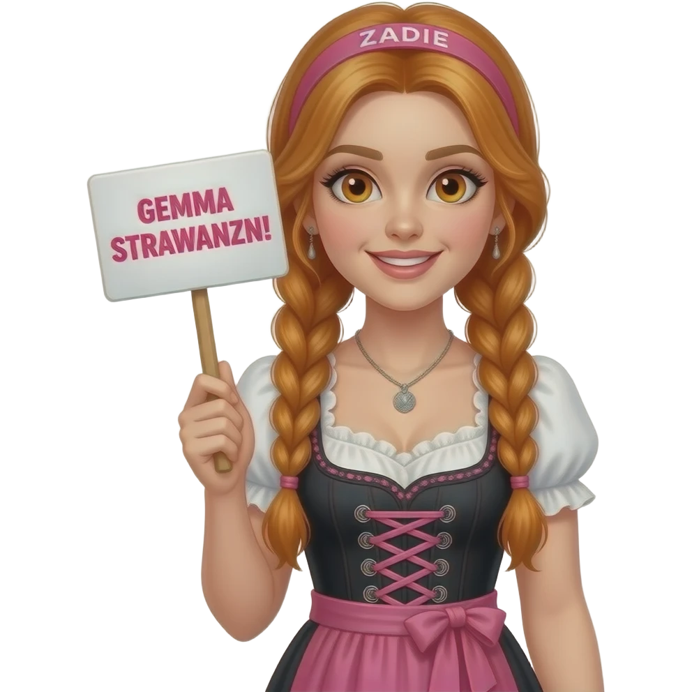 sexy girl with overlong ginger braids and ginger eyes wearing a black pink dirndl and a pink headband with ZADIE written on it, is holding a sign with GEMMA STRAWANZN! written on it emoji
