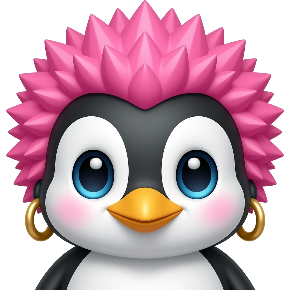 pink spiky haired penguin with big earrings, just face emoji