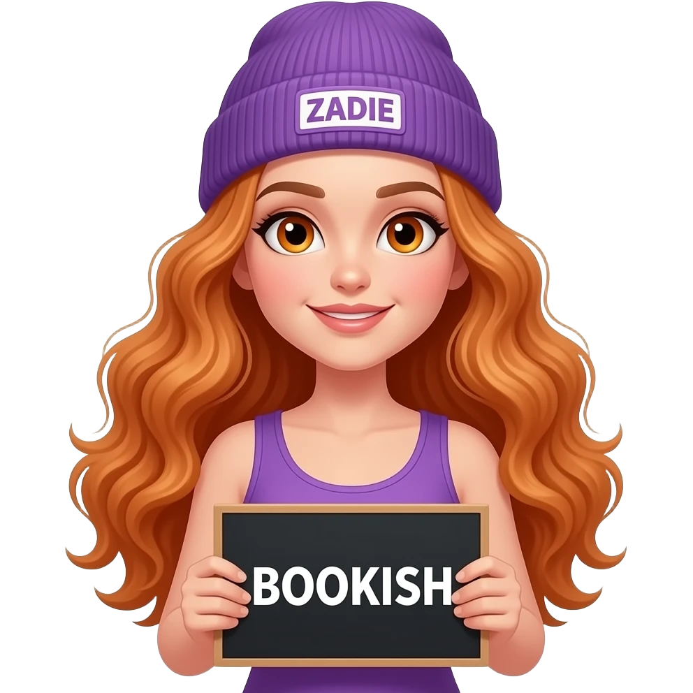 sexy girl with overlong wavy ginger hair and ginger eyes wearing a purple tanktop and a purple beanie with ZADIE written on it, is holding a black sign with BOOKISH written on it emoji