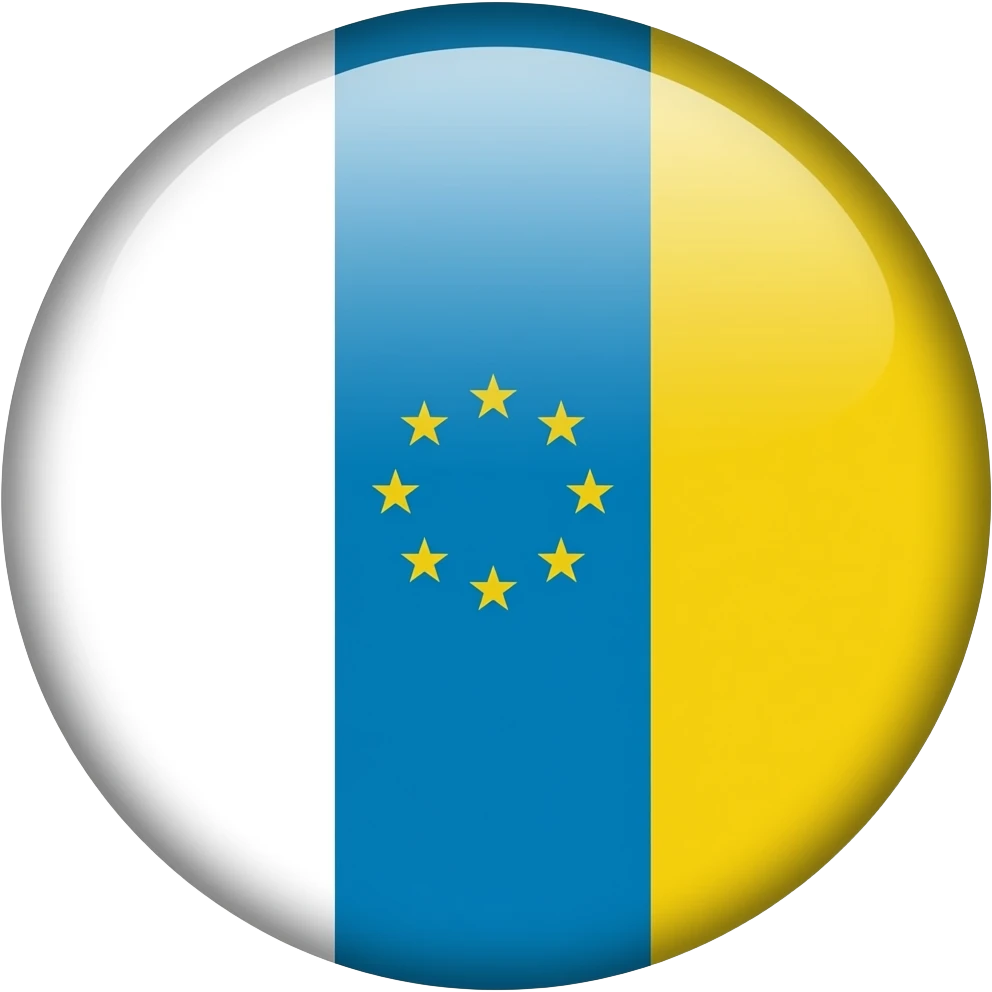 bandera de canarias pero en el centro haz que el recuadro azul sea de color celeste y dentro de ese recuadro celeste hazlo con 7 estrellas circulares de color verde emoji